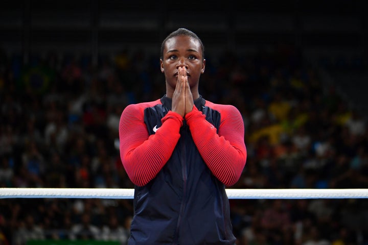 Claressa Maria Shields reacts during the medal presentation ceremony following the women's middleweight (69-75kg) final bout at the Rio 2016 Olympics.