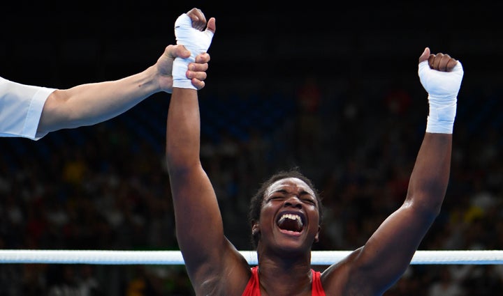 Claressa Maria Shields reacts after winning against Nouchka Fontijn during the Women's Middle (69-75kg) Final Bout at the Rio
