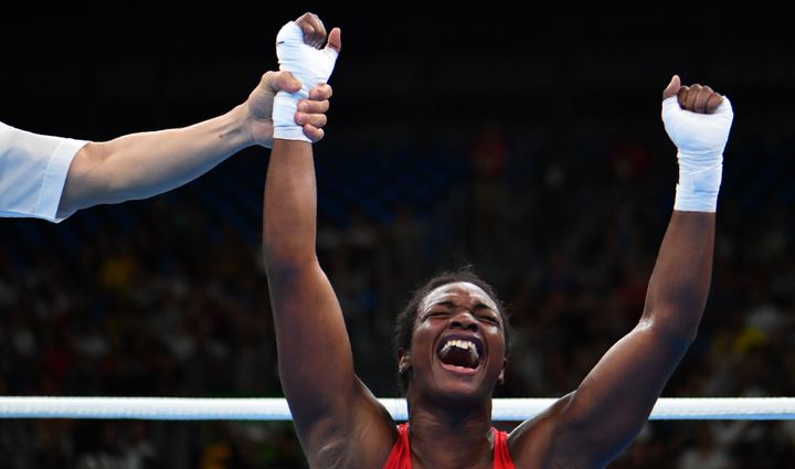 Claressa Maria Shields reacts after winning against Nouchka Fontijn during the Women's Middle (69-75kg) Final Bout at the Rio 2016 Olympic Games at the Riocentro - Pavilion 6 in Rio de Janeiro on Sunday.