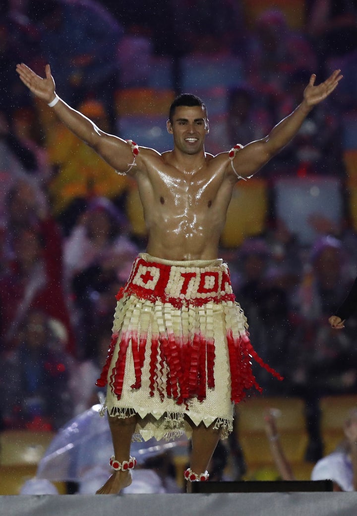 <strong>Pita Taufatofua of Tonga jumps on stage during the closing ceremony.</strong>