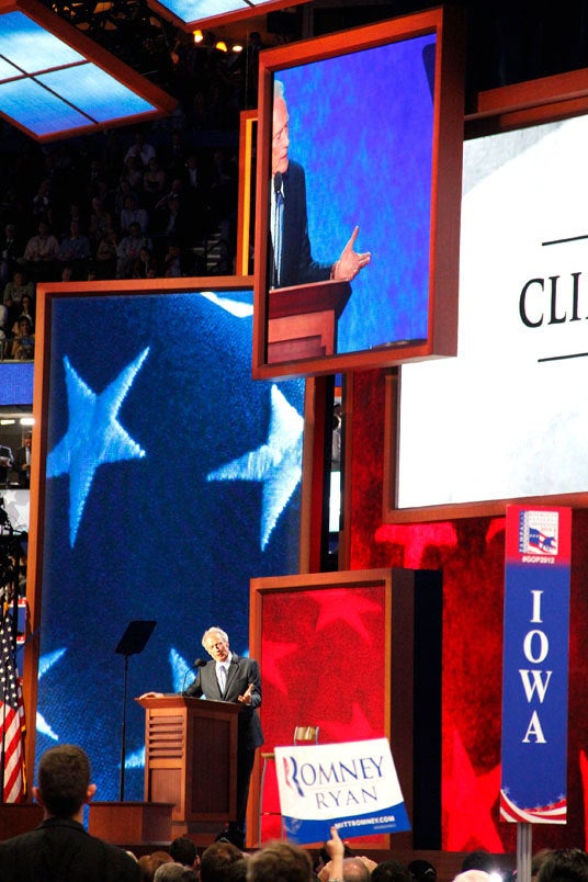 Clint Eastwood talking to an empty chair at the 2012 Republican Convention in Tampa, Florida.