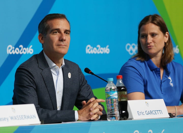 Los Angeles Mayor Eric Garcetti, left, speaking at a press conference in Rio about L.A.'s Olympic bid, acknowledged there could be backlash from the IOC.