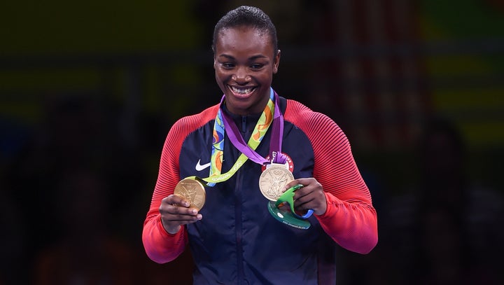 Gold medallist Claressa Shields of USA celebrates her win during the Women's Boxing Middleweight medal presentation. 