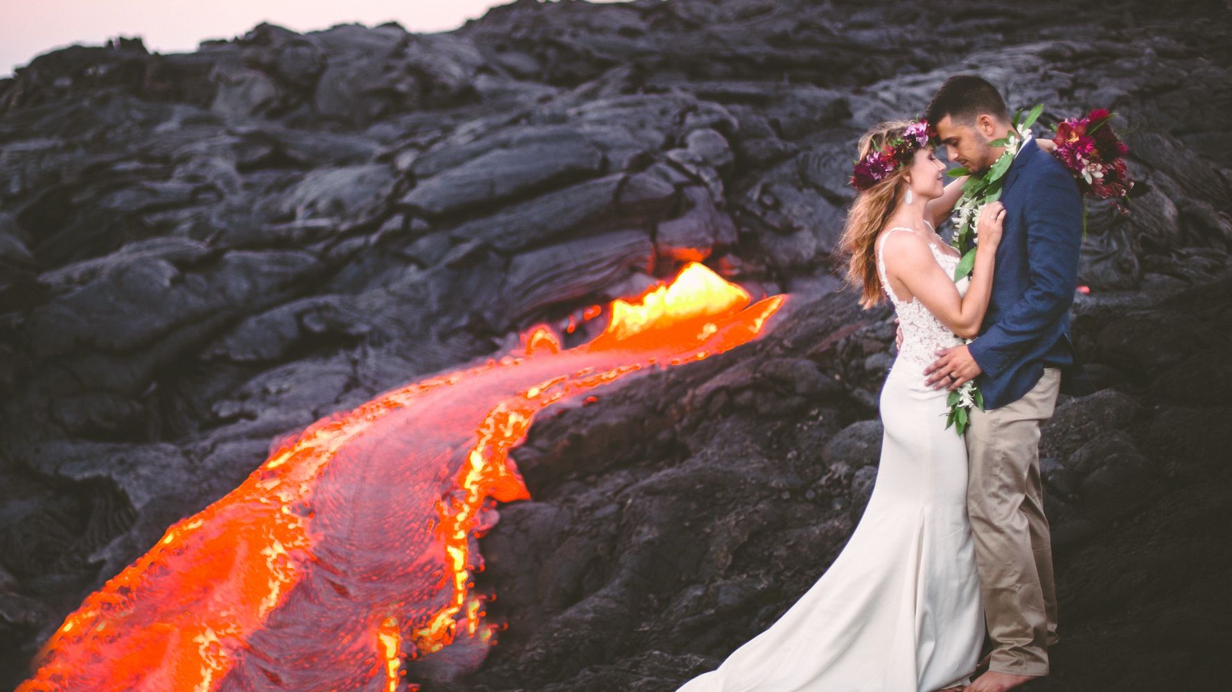 Adventurous Couple Takes Wedding Pics On Volcano With Molten Lava