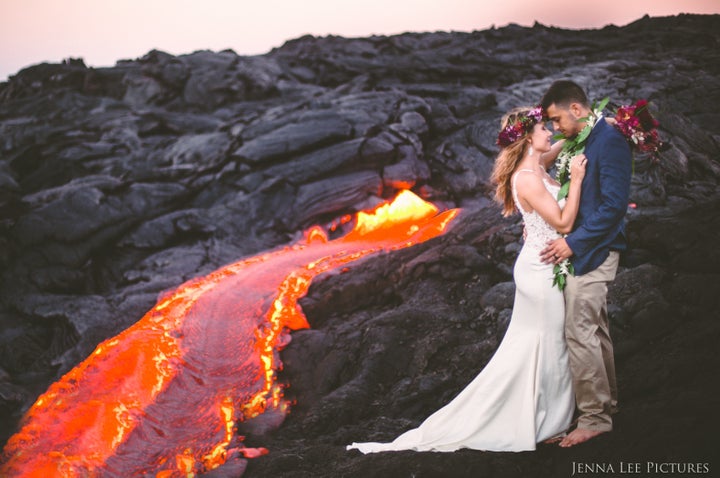 Photographer Jenna Lee recruited newlyweds Lauren and Alex for the photoshoot at Kilauea volcano. 