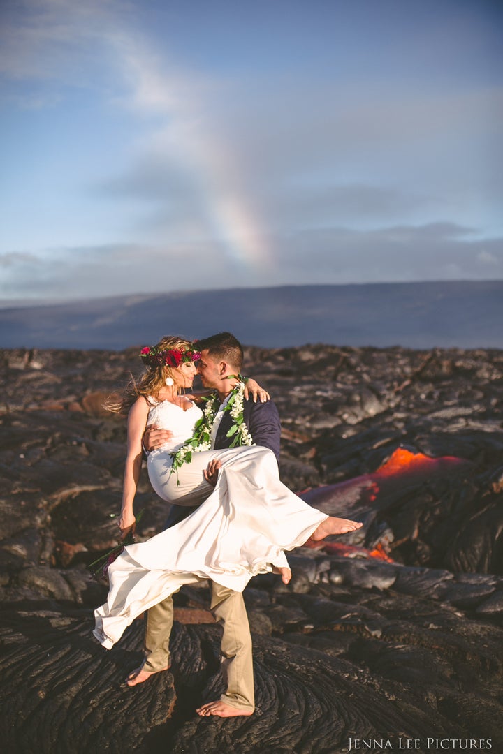 Lee captured gorgeous photos of the couple near a lava breakout, as well as on the coastline, where the lava was flowing into the sea, creating new land.