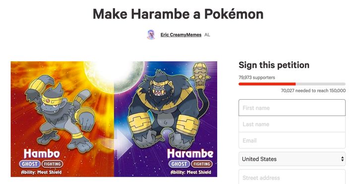 This "Make Harambe a Pokémon" petition has nearly 80,000 signatures so far.