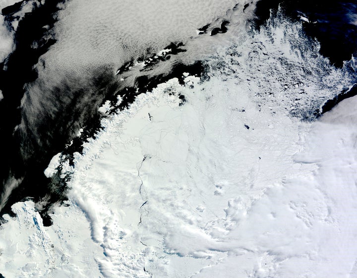 Ice lingering north of the Weddell Sea, east of the Antarctic Peninsula. The coastline of the Antarctic Peninsula appears as a gray line. Just off the thin peninsula is the Larsen C ice shelf; beyond that there is sea ice.