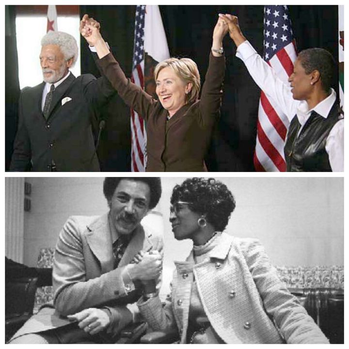 (Top) Fmr. Congressman Ron Dellums and wife Cynthia with Hillary Clinton.(Bottom) Dellums with history making Congresswoman Shirley Chisolm during her 1972 campaign for presidency.