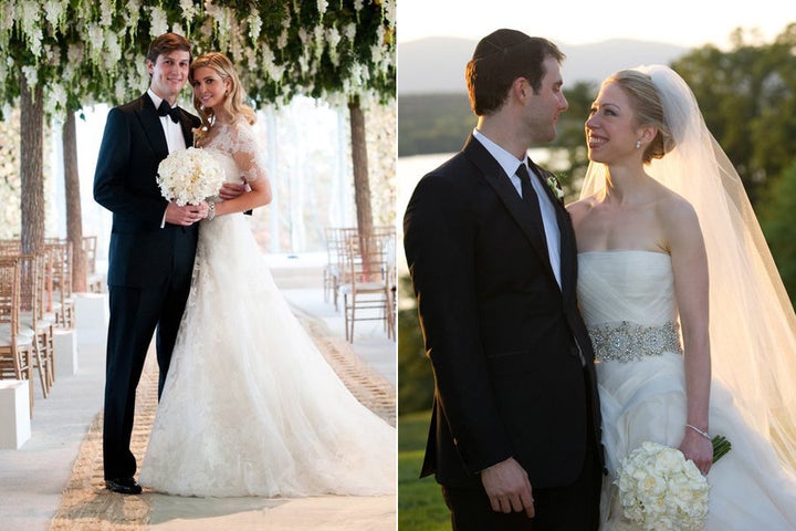 On the left, bride Ivanka Trump and her groom Jared Kushner. On the right, bride Chelsea Clinton with groom Marc Mezvinsky. 