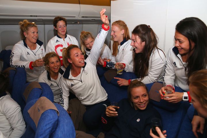<strong>Members of the Great Britain Women's Hockey team during the Team GB flght back from Rio.</strong>