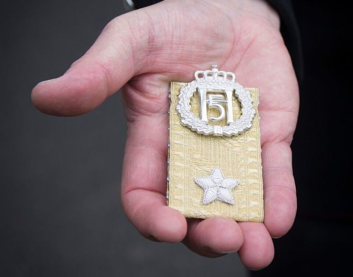Brig. Sir Nils Olav's new rank insignia is seen during Monday's ceremony.
