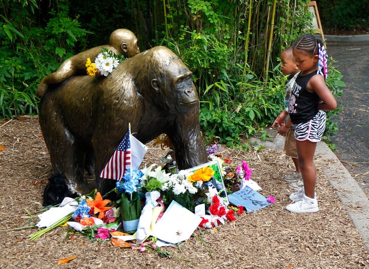 <strong>Tributes to Harambe around a bronze statue of a gorilla and her baby at the zoo</strong>