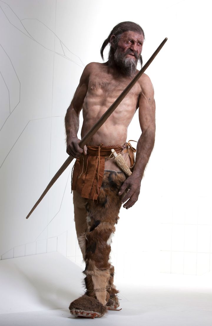 A reconstuction of Ötzi the Iceman at the South Tyrol Museum of Archaeology in Bolzano, Italy.