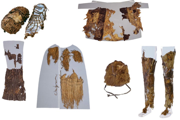 Clothes worn by Otzi the Iceman 5,300 years ago include (clockwise from top left): hay-stuffed shoes, goat- and sheepskin coat, goatskin leggings, bear fur hat, grass matting and sheepskin loincloth.