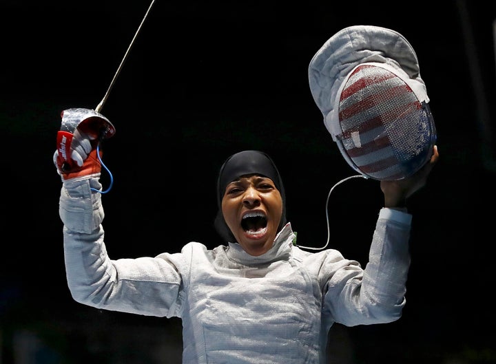 2016 Rio Olympics - Fencing - Preliminary - Women's Sabre Individual Table of 32 - Carioca Arena 3 - Rio de Janeiro, Brazil - 08/08/2016. Ibtihaj Muhammad