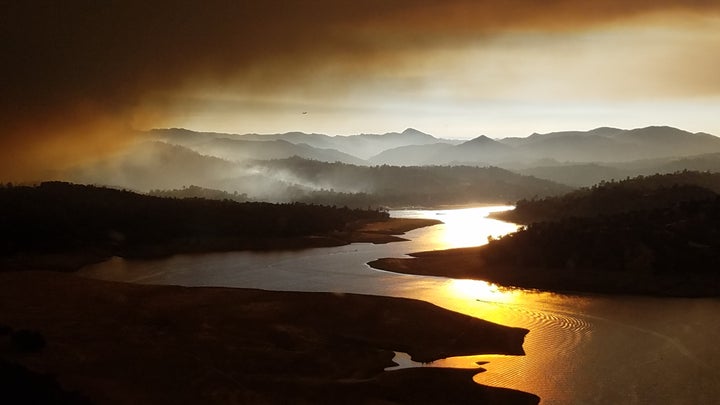 A view down the Lake Nacimiento with the smoke from the Chimney fire on the left. This entire area has since been consumed by fire.