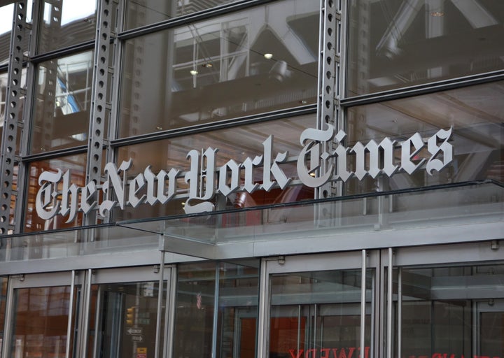 The sign over the west entrance of the New York Times building at 620 Eighth Ave. April 28, 2016 in New York.