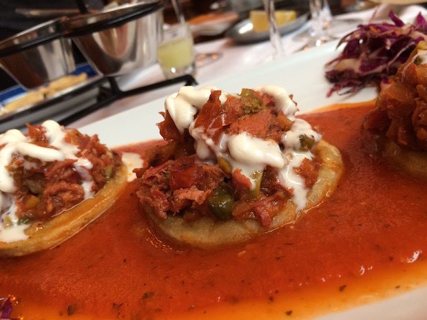 Mexican food is served beneath elegantly fake trees at Casa Luna restaurant in Guadalajara, Mexico. You might want to try the