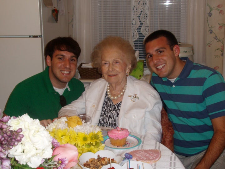 Rob Sampogna, his Grandma Jean, and his twin brother Nick in August 2009 at Grandma Jean's 99th birthday party at her house i