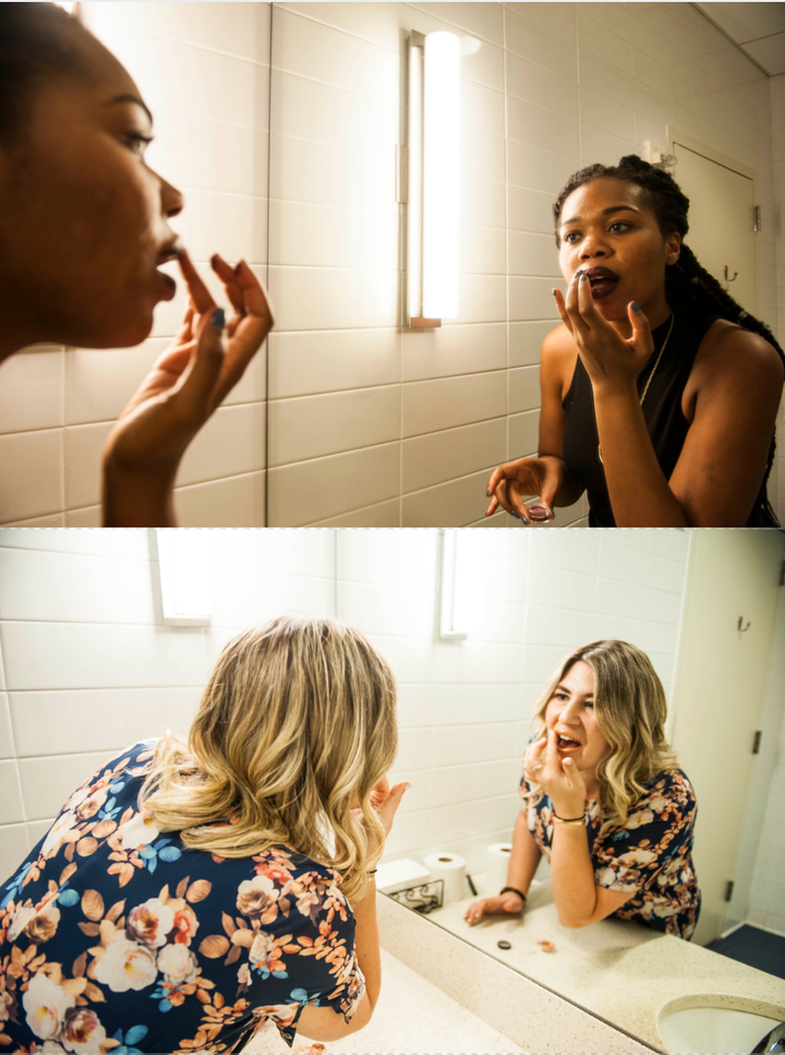 Taryn (top) and Jamie putting on their lip kits.