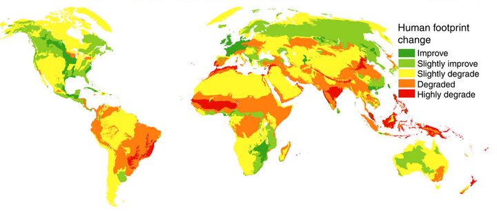 This map shows how the human footprint changed -- positively and negatively -- between 1993 to 2009.