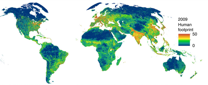 This map shows the impact of human beings on the Earth's land surface. Shades of blue indicate wilder areas, while shades of red and orange are areas that face the most pressure from humans. 