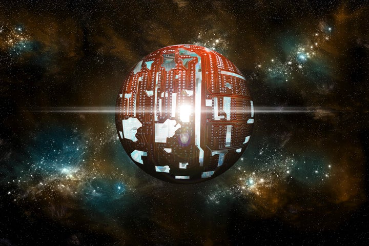 Artist's depiction of a Dyson sphere, a theoretical structure built around a star to capture its energy. 