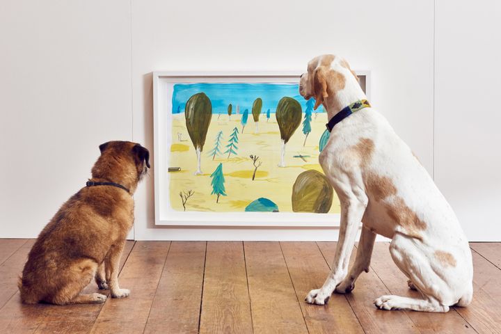 A border terrier and English pointer admire “Drumstick Park” by Robert Nicol, a park scene.