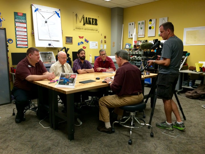 Patrick Ferrell and volunteers Mike Craig, Robert Bannon and John Colborn were interviewed about Katelyn's 3D-printed prosthetic hand on Friday, 8/12/16, by KPRC local TV reporter Robert Arnold.