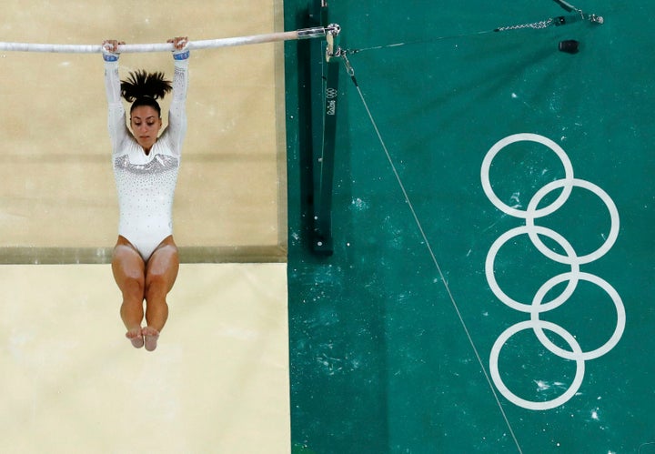 Gebeshian competes on the uneven bars in Rio.