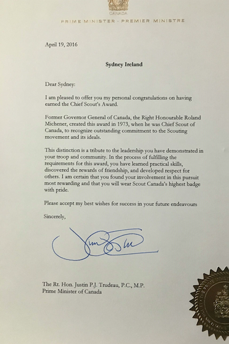 In April, Sydney received a signed letter from Canadian Prime Minister Justin Trudeau who lauded her accomplishments in Canada's scouting program.