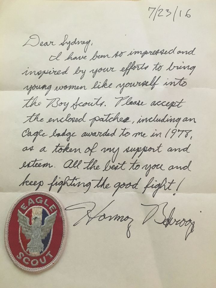 In July, a former Eagle Scout mailed Sydney the Eagle Scout badge he earned in 1978. In his handwritten letter he called his gift a token of his "support and esteem."