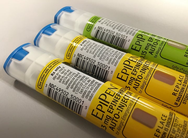 EpiPen auto-injection epinephrine pens manufactured by Mylan NV pharmaceutical company for use by severe allergy sufferers ar