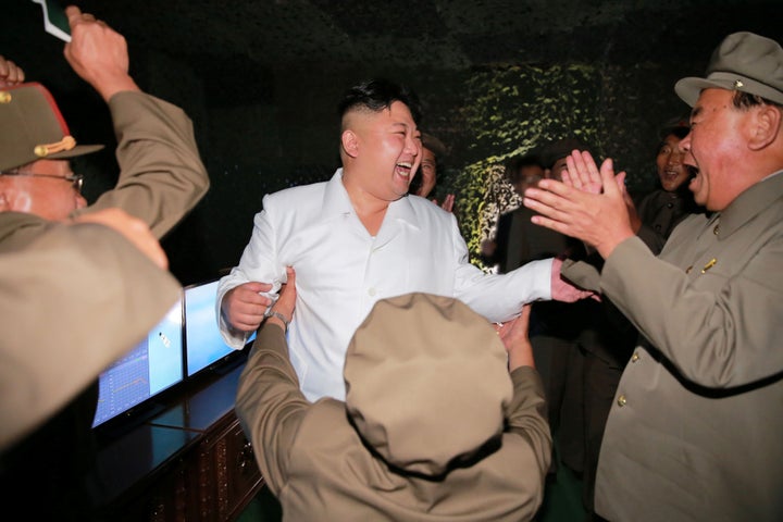 North Korean leader Kim Jong Un is pictured during a test-fire of strategic submarine-launched ballistic missile.