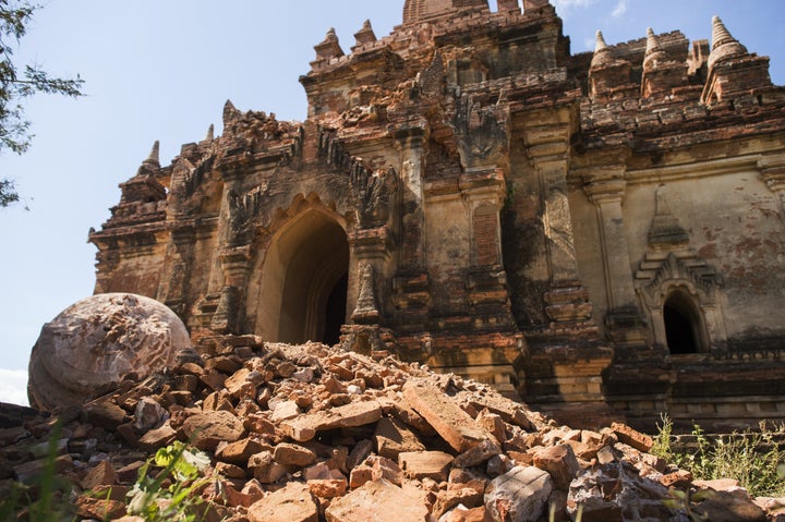 The damaged ancient Myauk Guni Temple is pictured, after a 6.8 magnitude earthquake hit Bagan, on August 25, 2016.