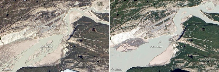 left The Watson River flows through the town of Kangerlussuaq Greenland Photo taken on May 31 2012 NASA right The water level