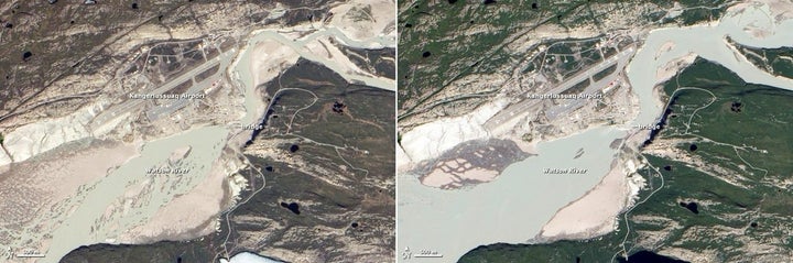 left The Watson River flows through the town of Kangerlussuaq Greenland Photo taken on May 31 2012 NASA right The water levels of the Watson River are much higher on July 12 2012 Flood waters eventually washed out parts of the bridge.