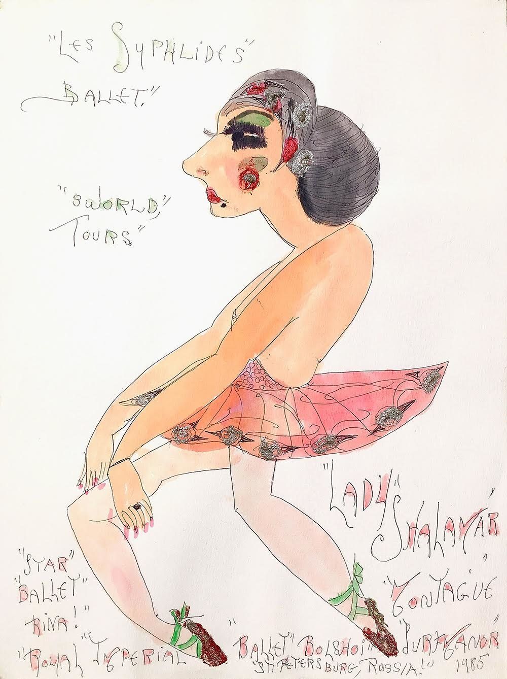 Lady Shalimar Frances Montague, "Les Sylphildes Ballet 3 World Tours Star Balletrina" 1985 watercolor ballpoint glitter on paper
