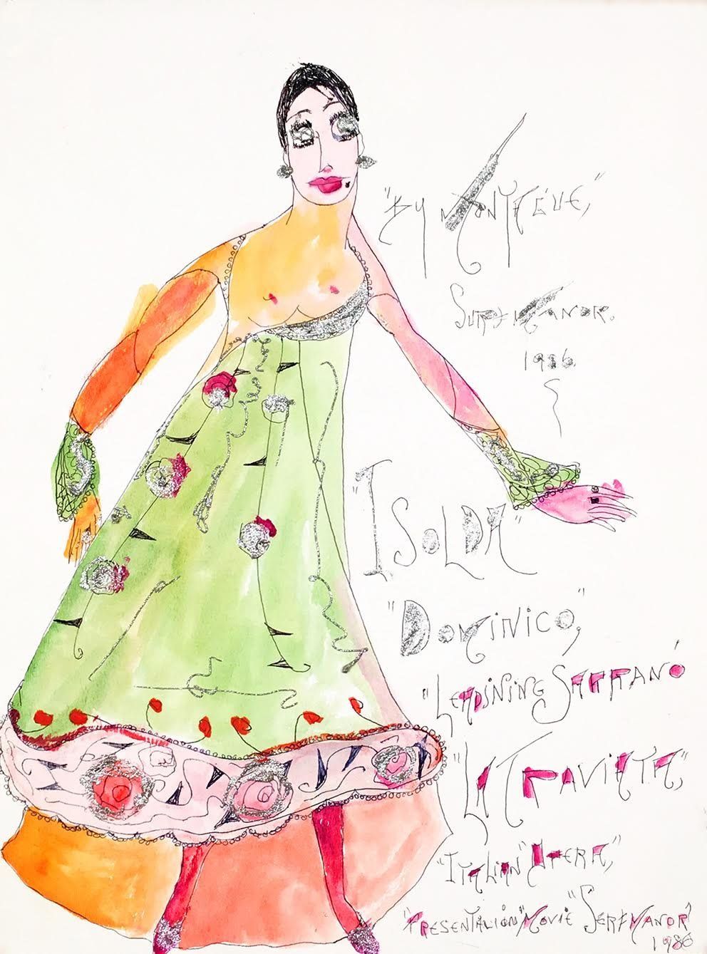 Lady Shalimar Frances Montague, "Isolda Dominico La Traviata Italian Opera," 1986 watercolor ballpoint glitter on paper