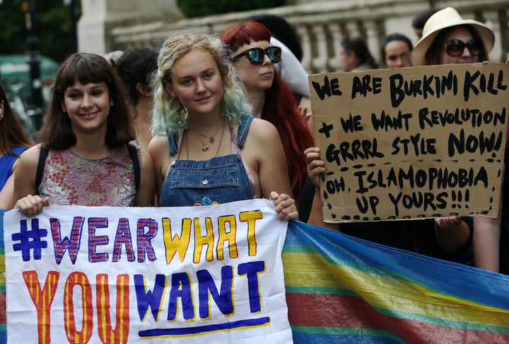 Protesters demonstrate against France's ban of the burkini outside the French Embassy in London on Thursday.