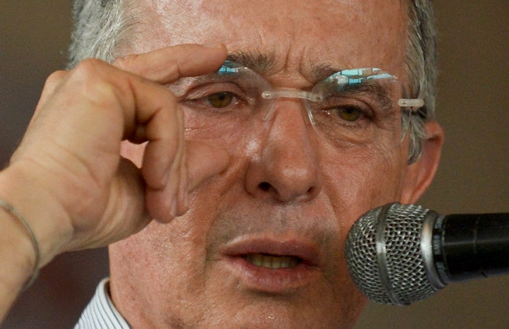 Colombia's former president, Sen. Alvaro Uribe, speaks against the peace talks between the Colombian government and the FARC guerrillas in Cali, Colombia, on June 22, 2016. Uribe has become perhaps the country's most strident voice criticizing the peace deal.