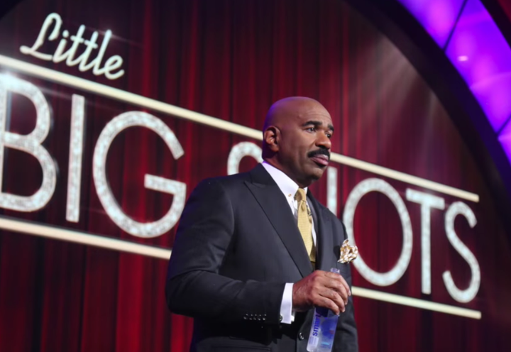 Steve Harvey speaks to the audience between takes at Little Big Shots