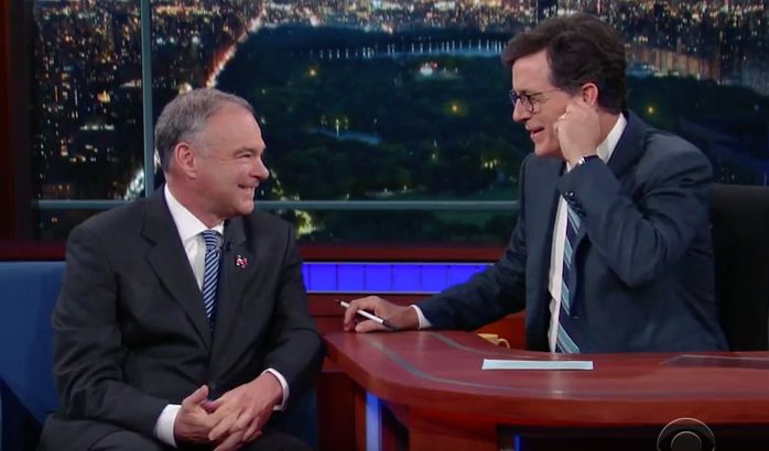 Democratic vice presidential nominee Tim Kaine, left, told Stephen Colbert that he didn't buy Donald Trump's supposed softening of his immigration policy.
