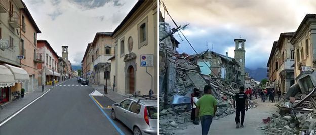 Images showing the city of Amatrice before and after the earthquake