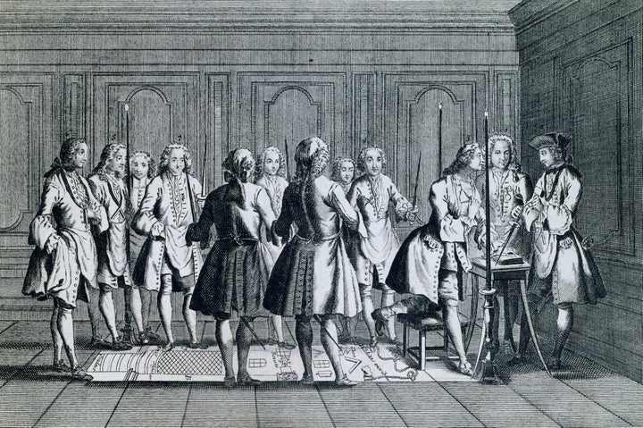 Freemasons meeting to welcome a new apprentice, 18th century, engraving