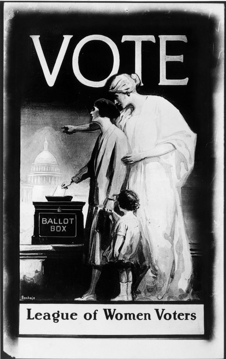 A poster, published by the League of Women Voters, urging women to vote just after the 19th Amendment granted them the right.