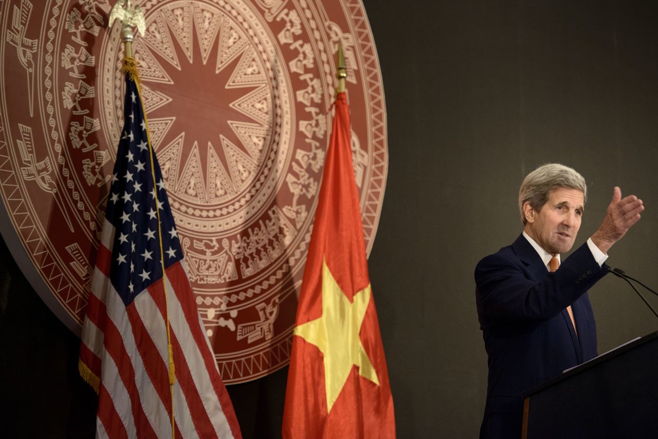 U.S. Secretary of State John Kerry delivers a speech on the 20 year anniversary of the reestablishment of U.S.-Vietnam diplomatic relations in Hanoi on Aug. 7, 2015.