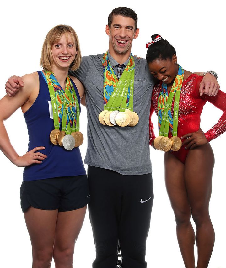 SI cover shoot outtake with Rio 2016 Olympics champs Katie Ledecky, Michael Phelps, and Simone Biles.