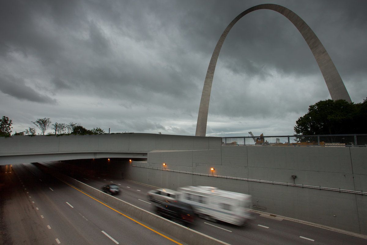 A side view of the overpass park that lets pedestrians walk from the Gateway Arch to the rest of downtown St. Louis.